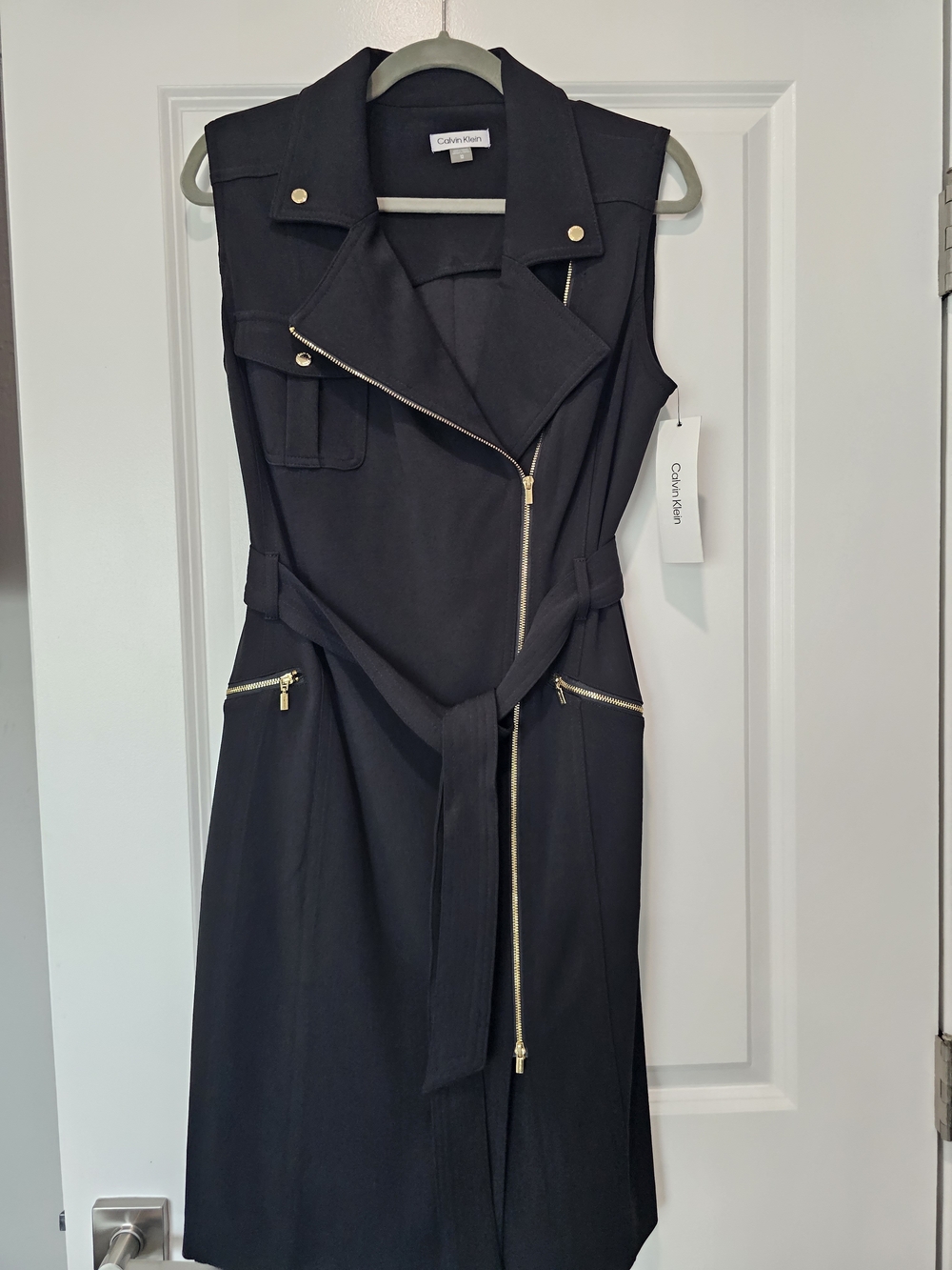Calvin Klein Black Sleeveless Zip-Front Belted Dress